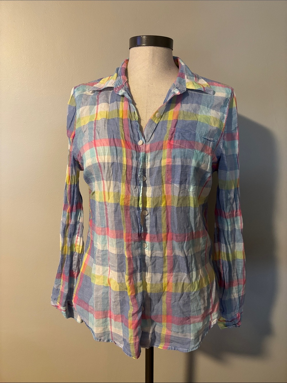 SO Plaid Button-Down Shirt in Blue, Pink & Yellow
